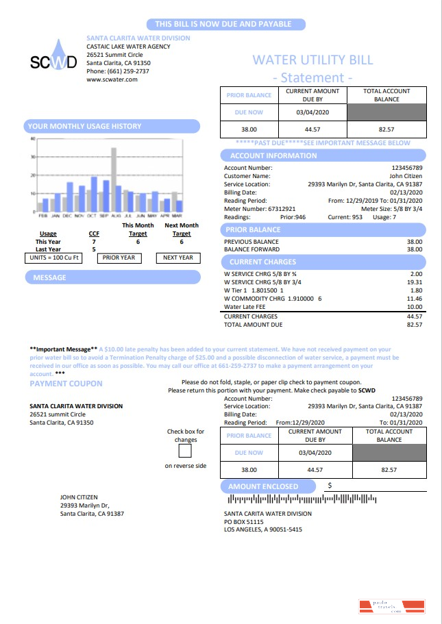 USA California Santa Clarita Water Division (SCWD) utility bill template in Word and PDF format